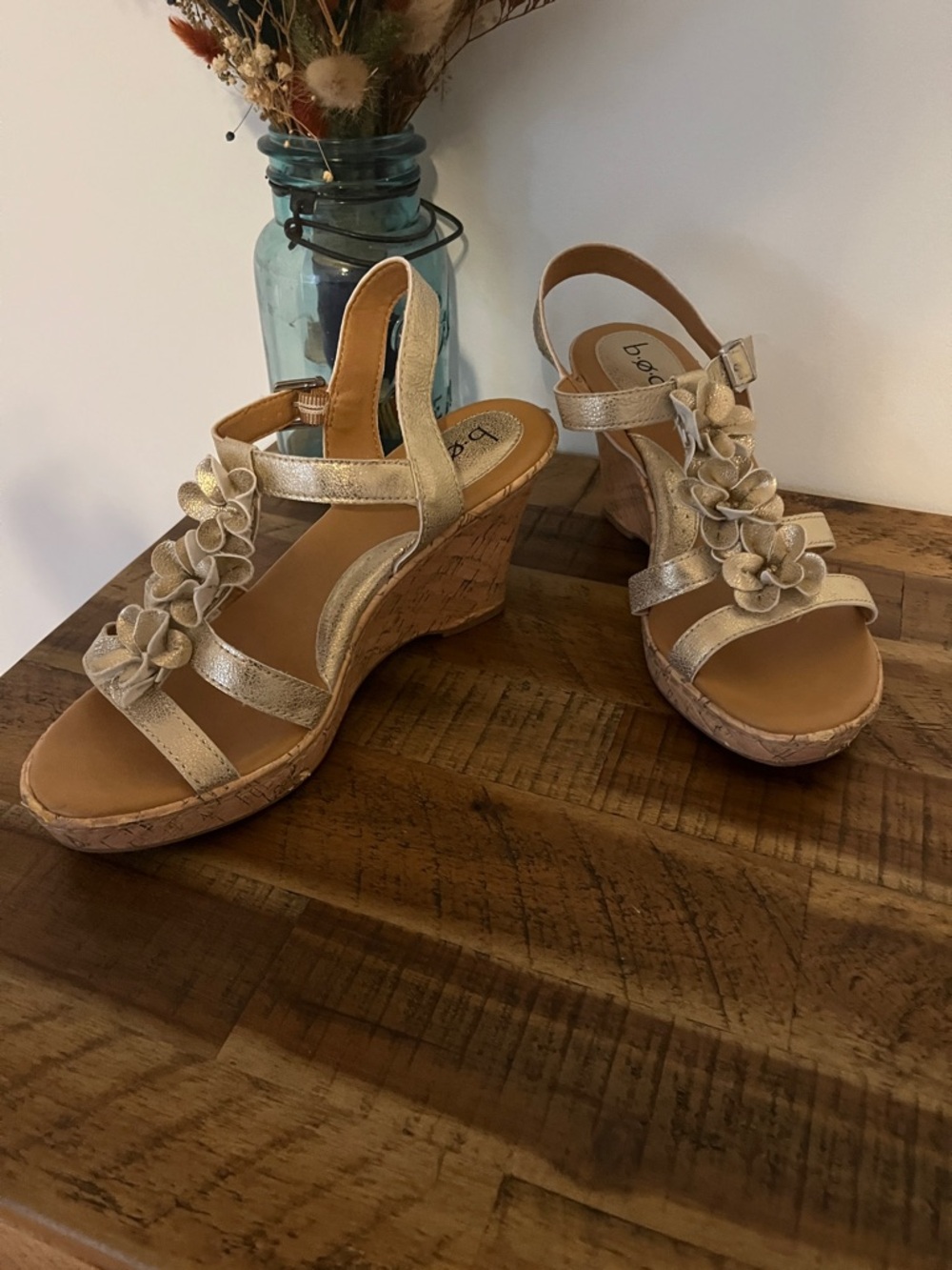 b.o.c. Metallic Gold Floral Cork Wedge Sandals